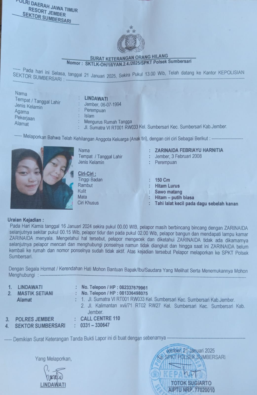 Berita Kehilangan: Mohon Bantuan Informasi Mengenai Zarinaida Febriayu Harnitia